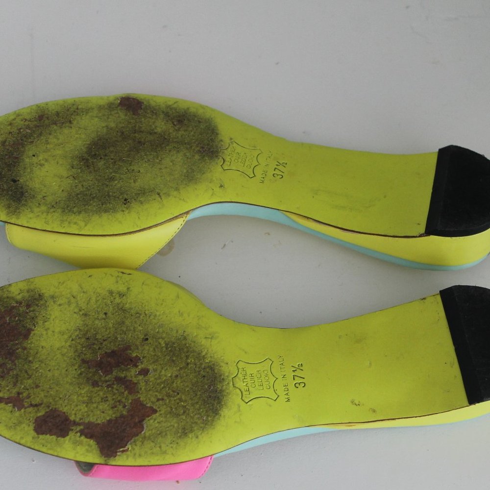 RARE RETRO Emilio Pucci Colorblock Leather Yellow Pink Green Slides Sandals 37.5 - Picture 6 of 11